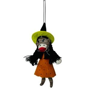 Handmade Sock Monkey Witch – Vintage-Inspired Halloween Folk Art Doll with Broom
